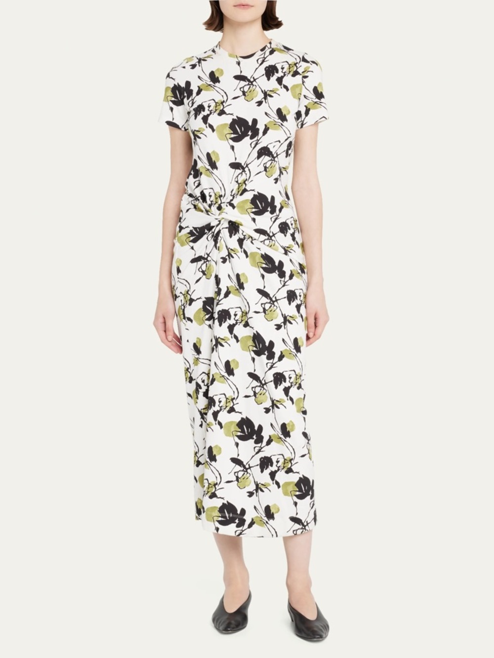 Tanya Taylor / Floral Knot-Front Midi Dress in Cream and Olive -Sz L - NWT